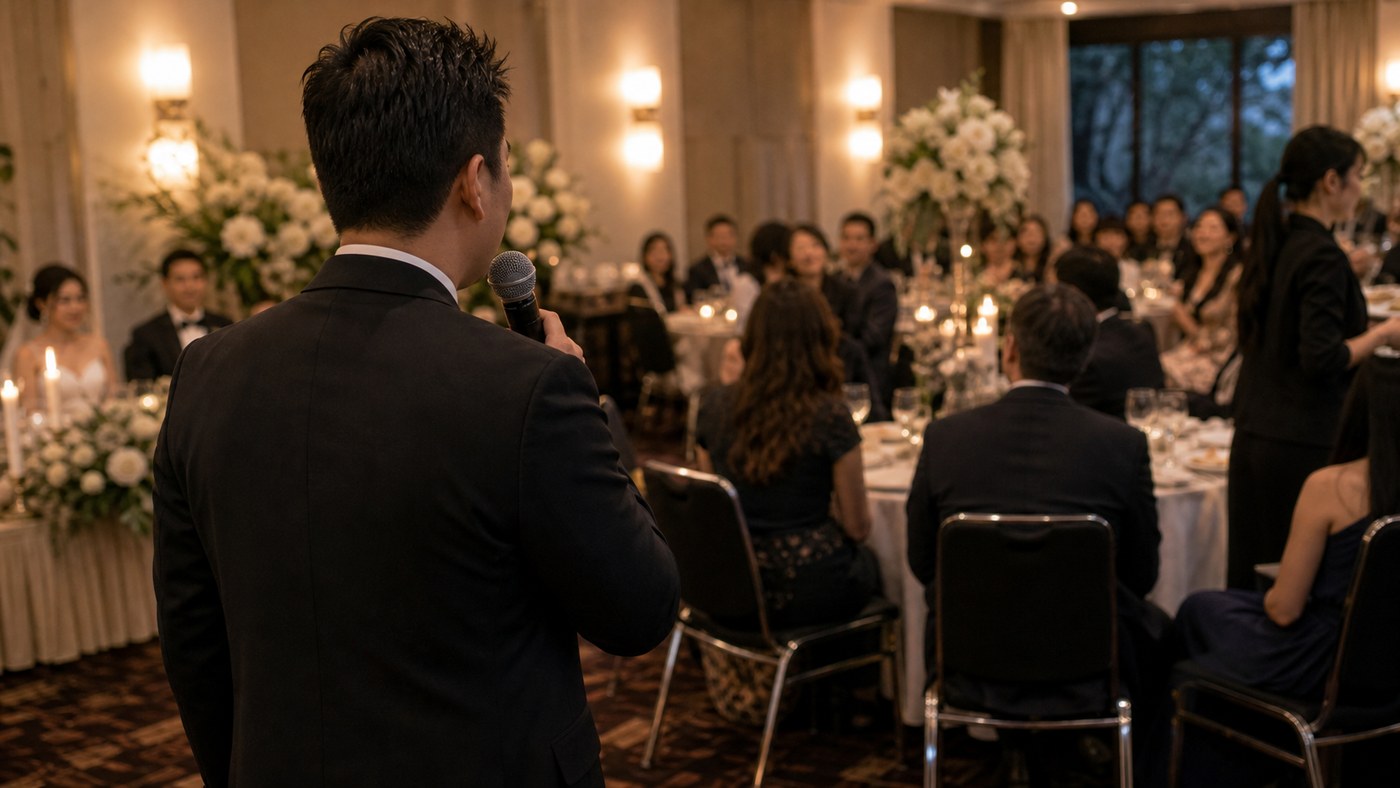 Low-key close detail of handwritten run sheet notes, microphone, and wedding table settings