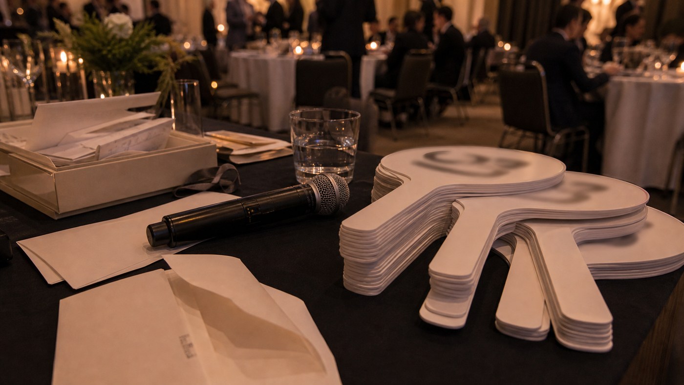 Auction paddles and donation envelopes during an evening charity gala