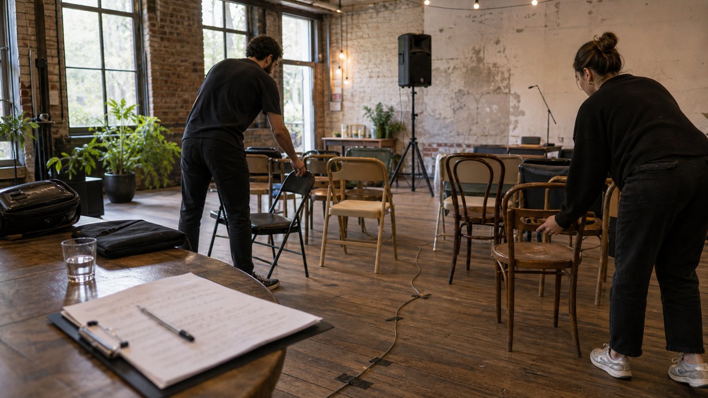Inner West warehouse event setup with people moving mismatched chairs