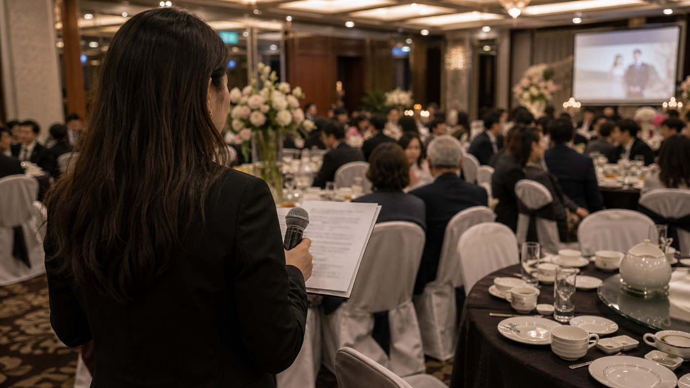MC coordinating a Korean wedding banquet in Strathfield during speeches