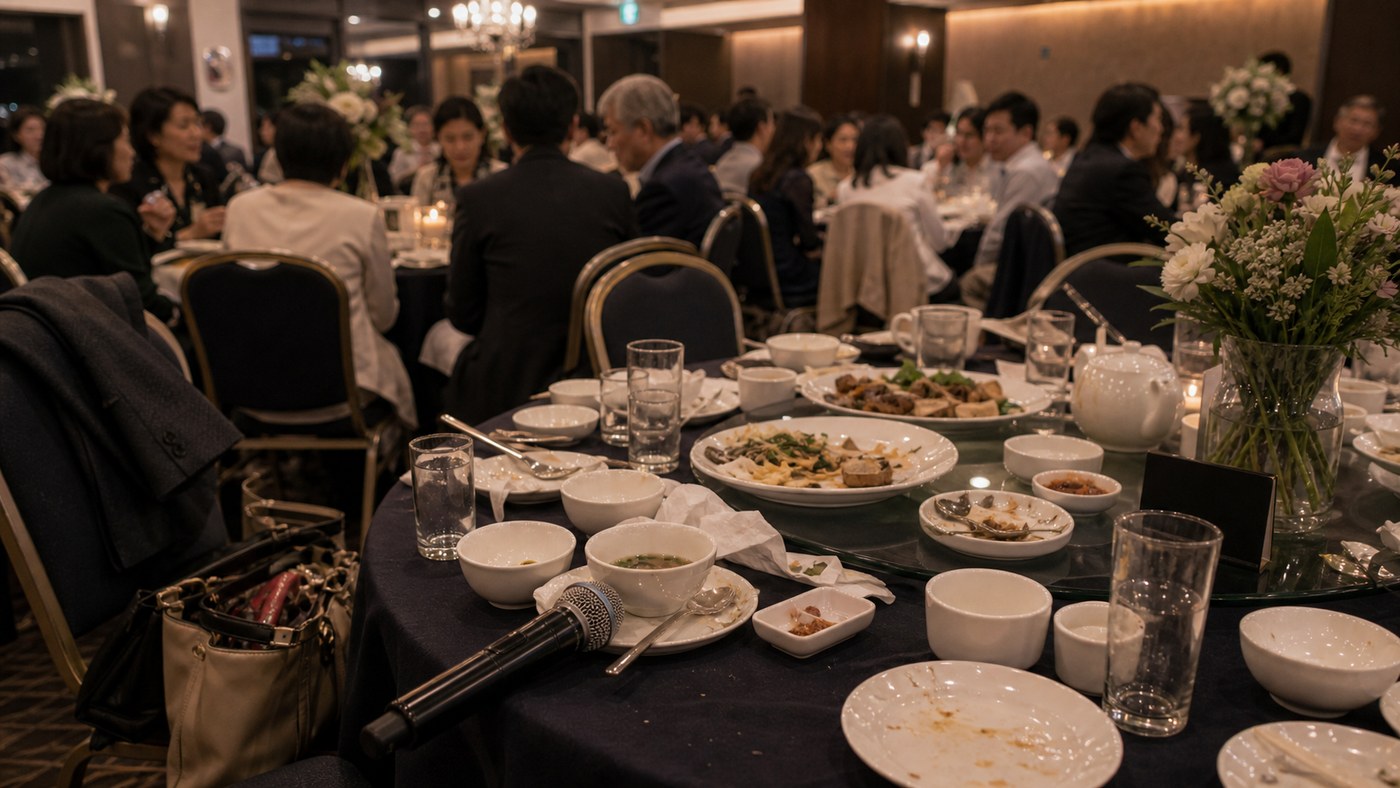 Late Korean wedding banquet tables with guests in conversation and a speech microphone nearby
