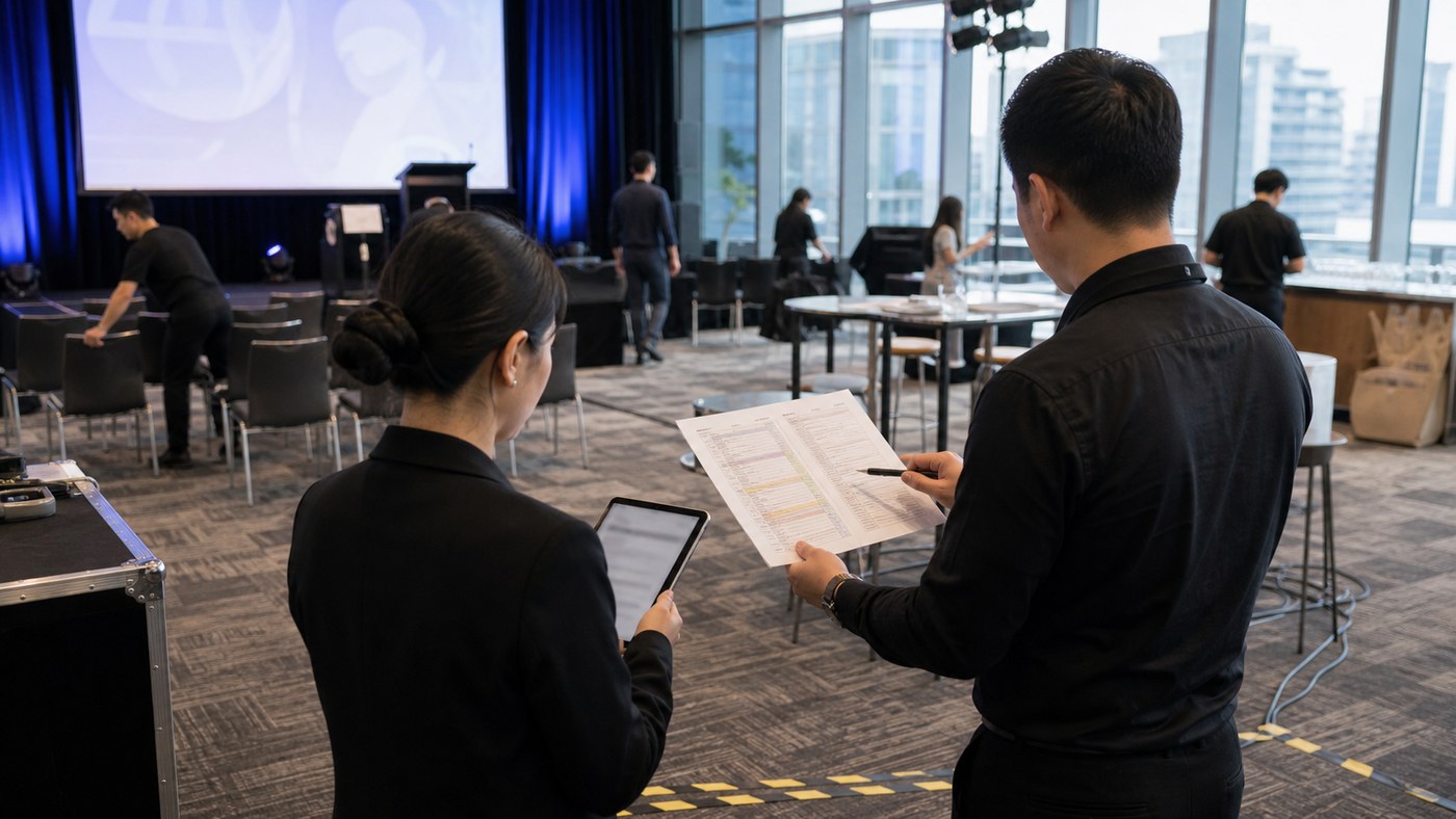 Daytime Sydney event setup with MC and producer reviewing a changing run sheet