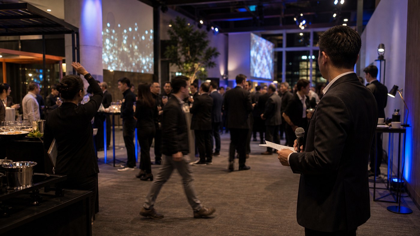 Night corporate event with multiple zones and MC tracking guest flow from the side