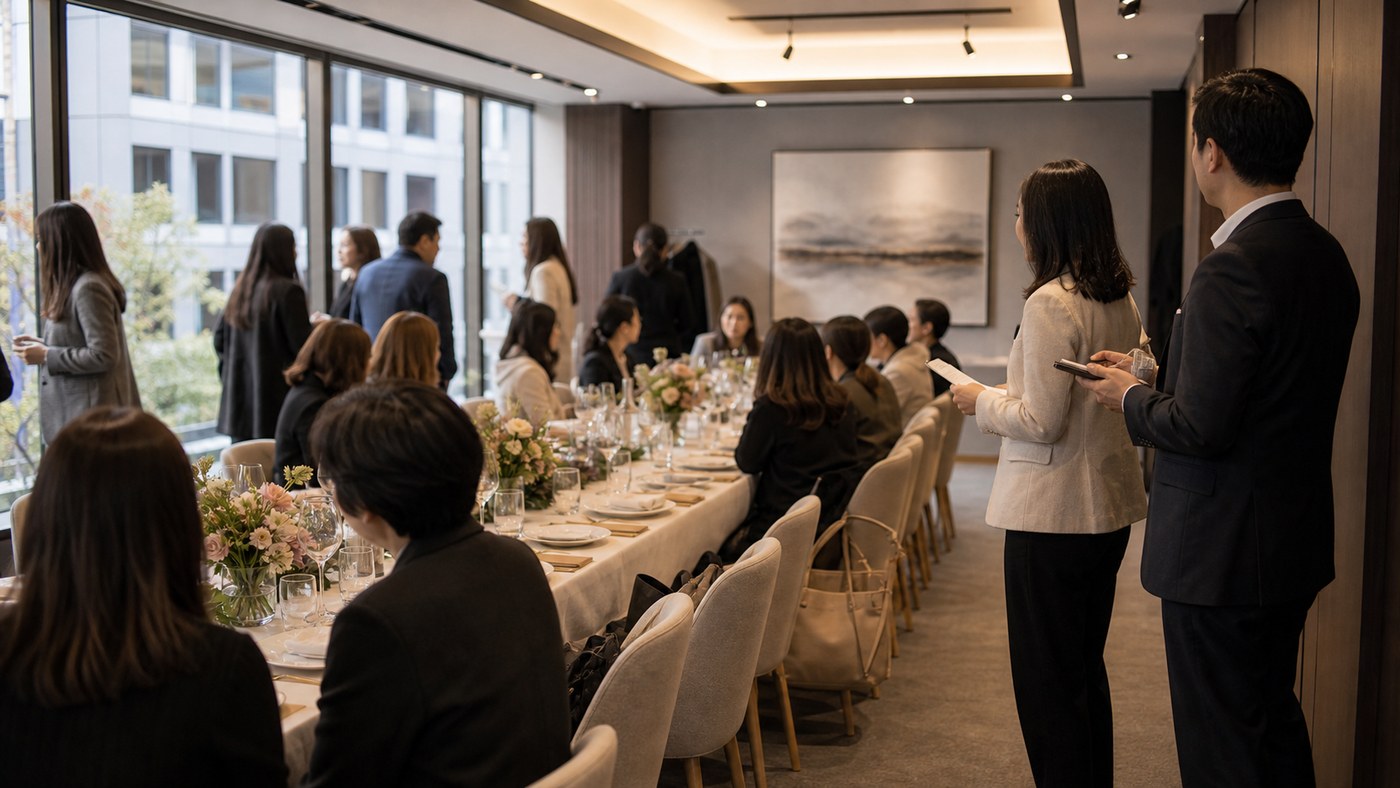 Daytime intimate Sydney lunch event with MC and host checking timing beside a long table