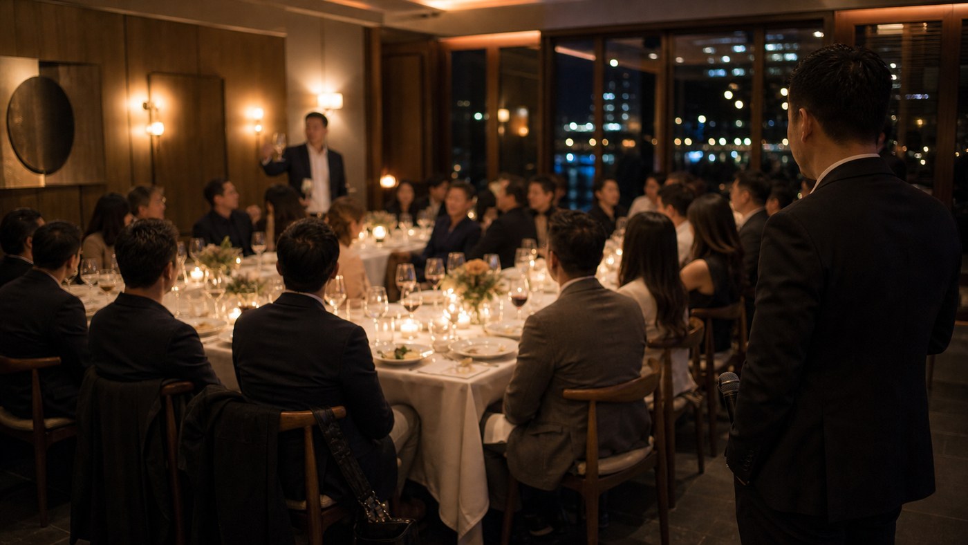 Night private dinner with subtle MC presence during a guest toast