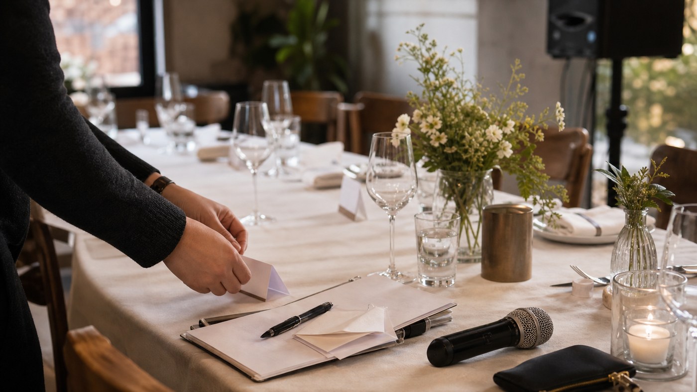 Small private dining table with microphone, cue cards, flowers, and place settings before guests arrive