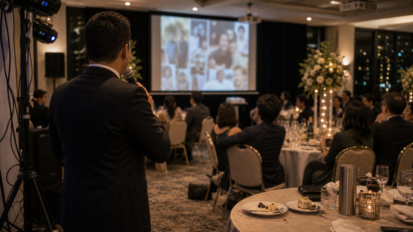 A natural evening birthday celebration with guests gathered near the dance floor and an MC partly visible