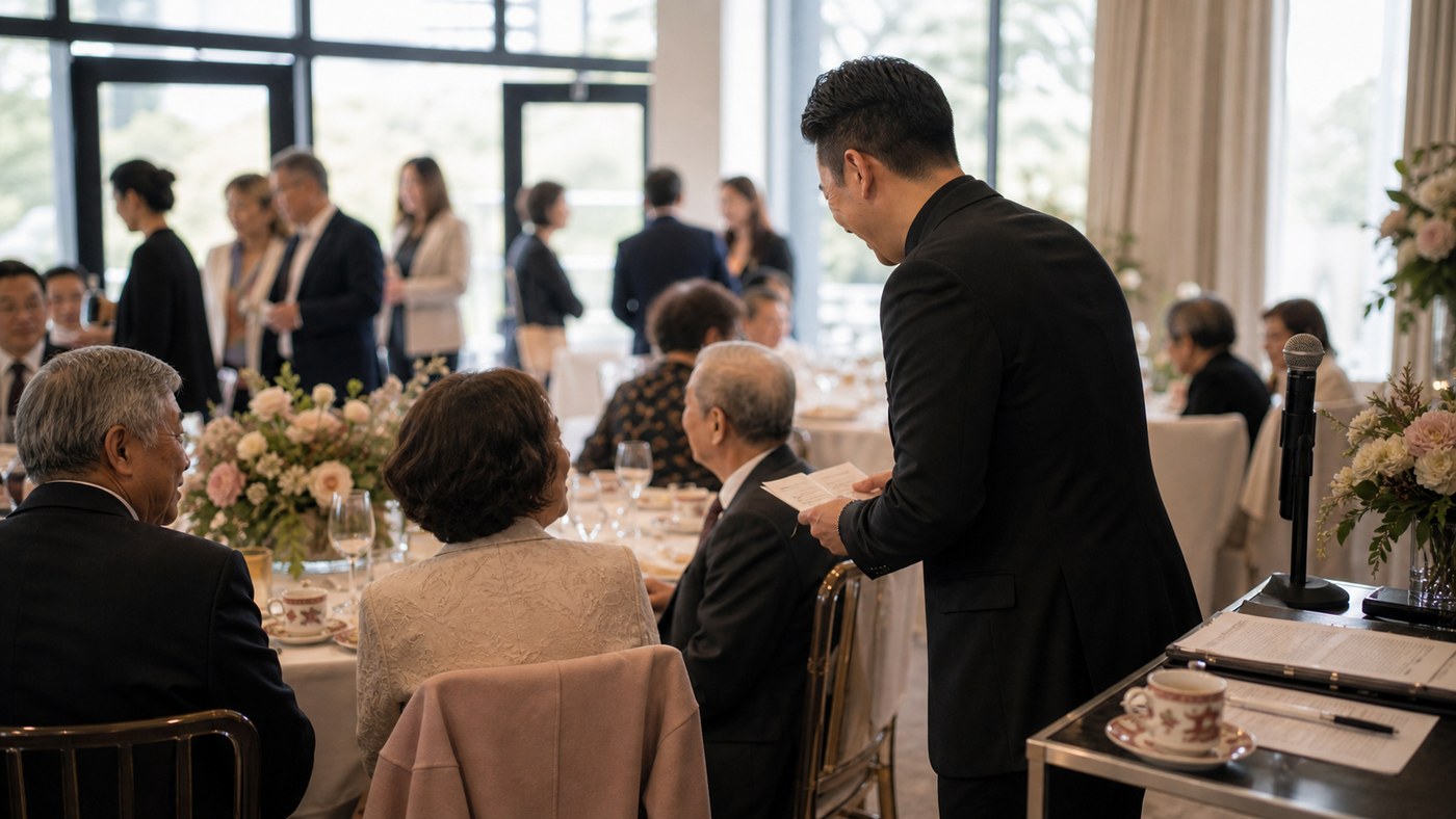 Bilingual Sydney wedding MC greeting older relatives beside a reception table