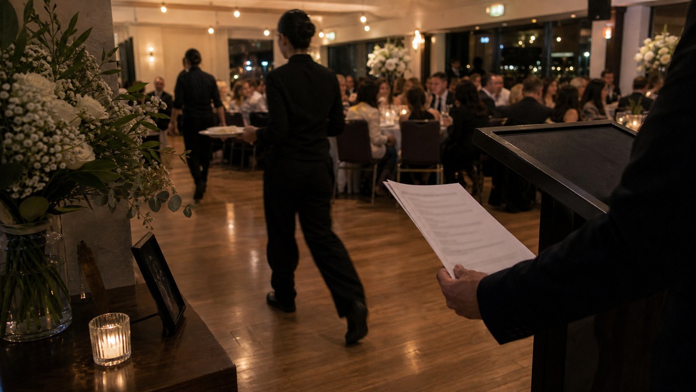 Side-of-room wedding reception moment with MC notes and staff moving through