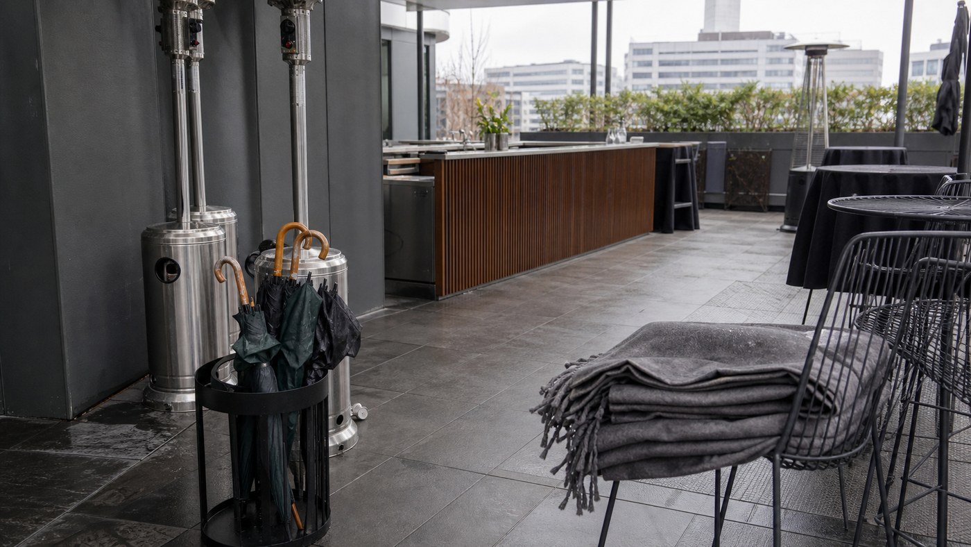 Winter venue courtyard with heaters and blankets before guests arrive