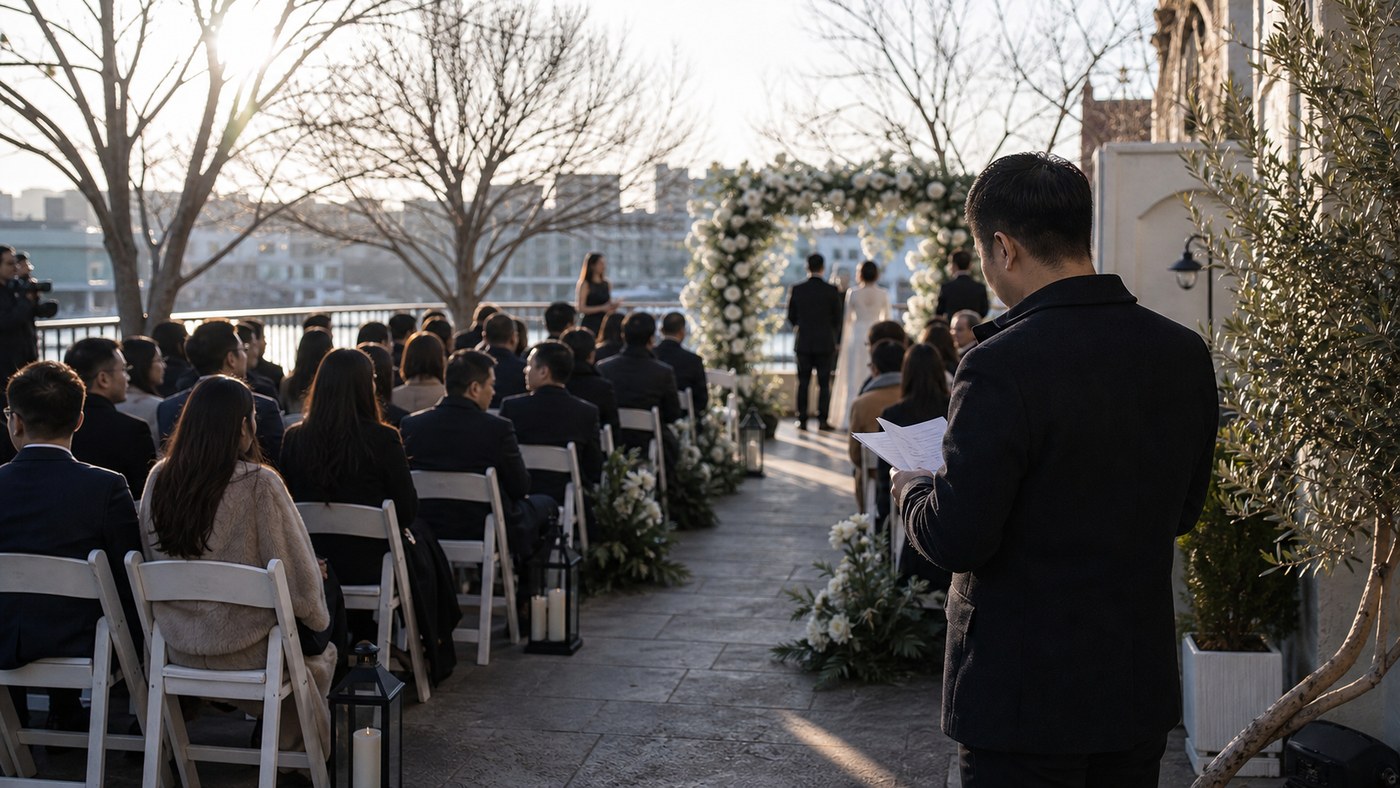Crisp daytime Sydney winter wedding ceremony with guests in coats and MC checking notes