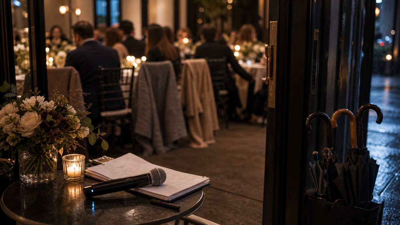 Warm winter wedding reception detail with microphone, run sheet, candles, and umbrellas by the door