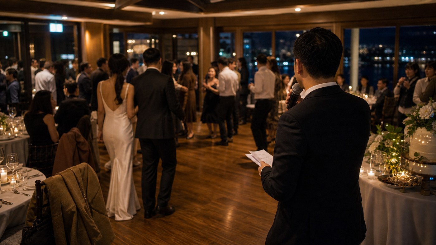 Night winter wedding reception with MC watching guests gather on the dance floor