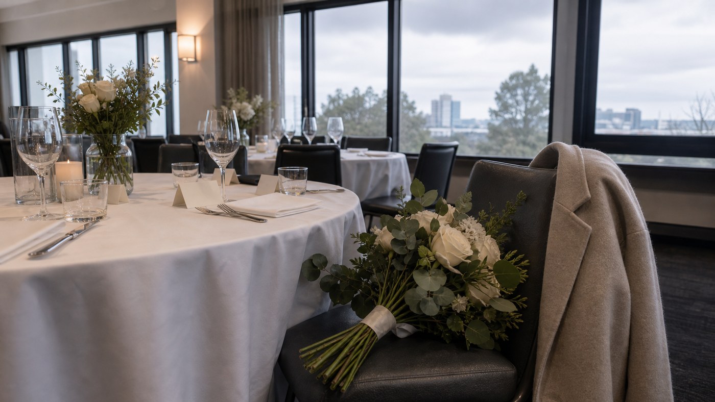 Daytime winter wedding table with bouquet and coat beside the window