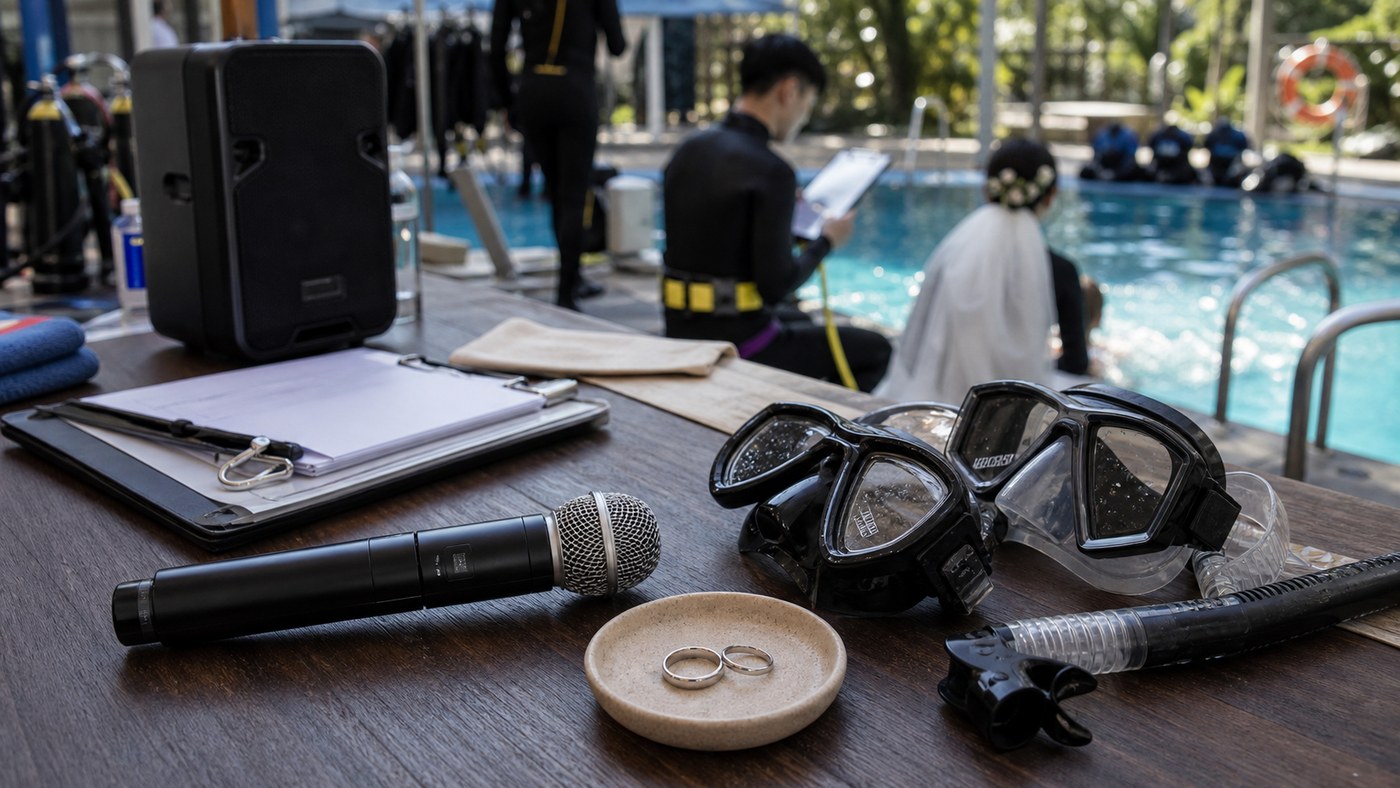 Poolside wedding-and-dive preparation with rings, masks, and a dry-side microphone