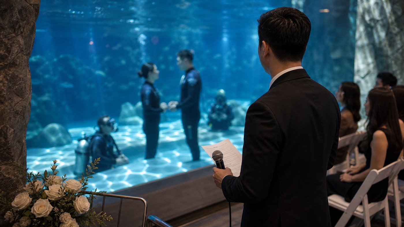 Dry-side MC watching an underwater-adjacent ceremony through blue water light