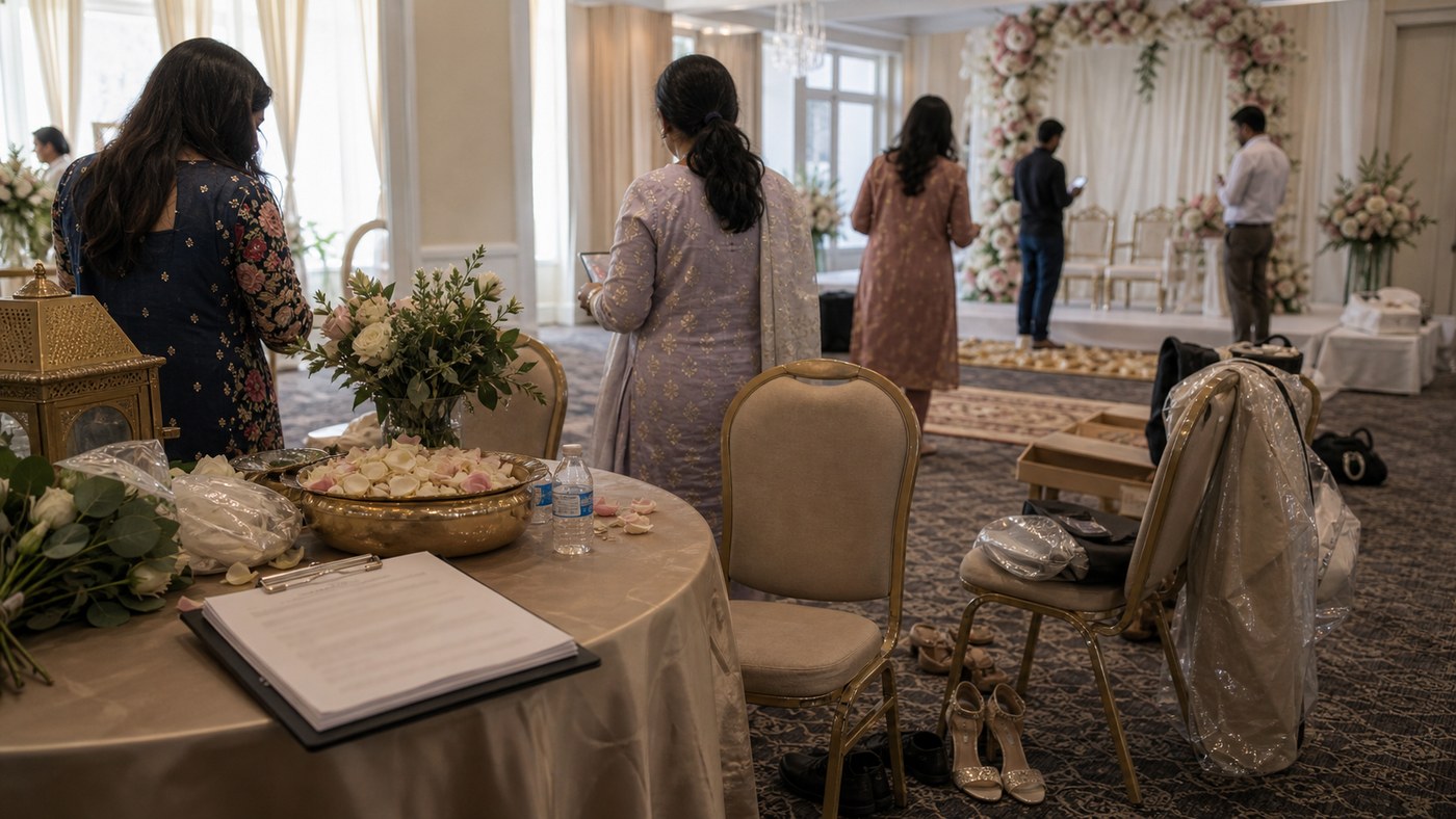 Family and planner arranging ceremony items before a Sydney South Asian wedding