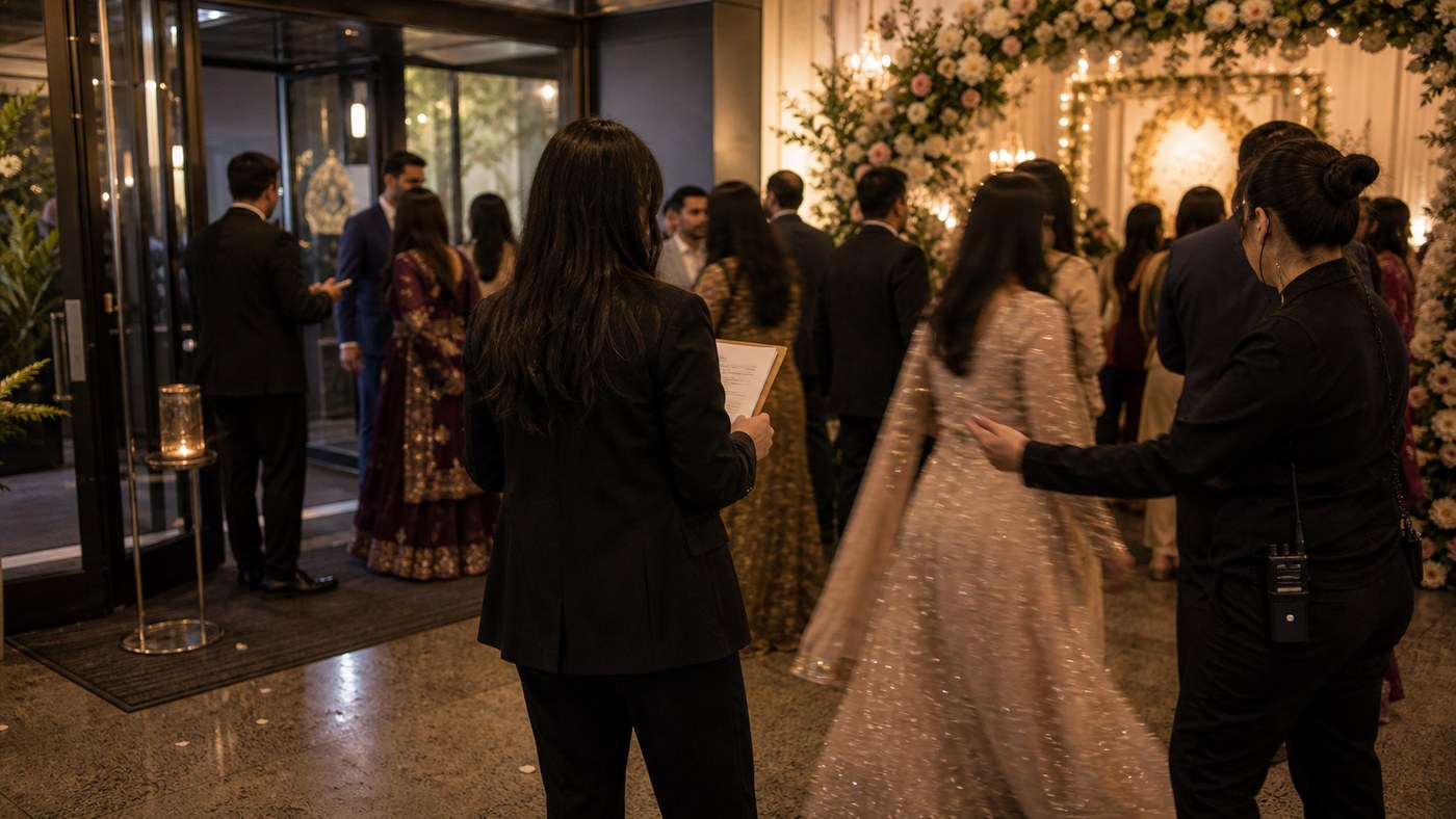 Guests arriving at a South Asian wedding while a coordinator manages the doorway