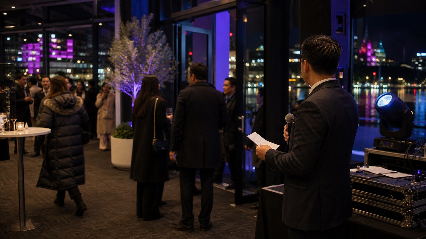 Vivid-season Sydney event room at night with MC watching guest flow near the entrance