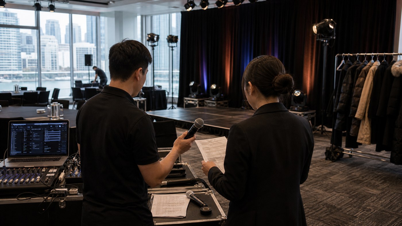 Daytime Vivid-season event setup with MC and AV technician testing microphone cues