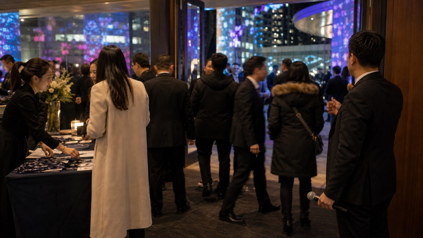 Night venue entry during Vivid season with host coordinating arrivals and front-of-house staff