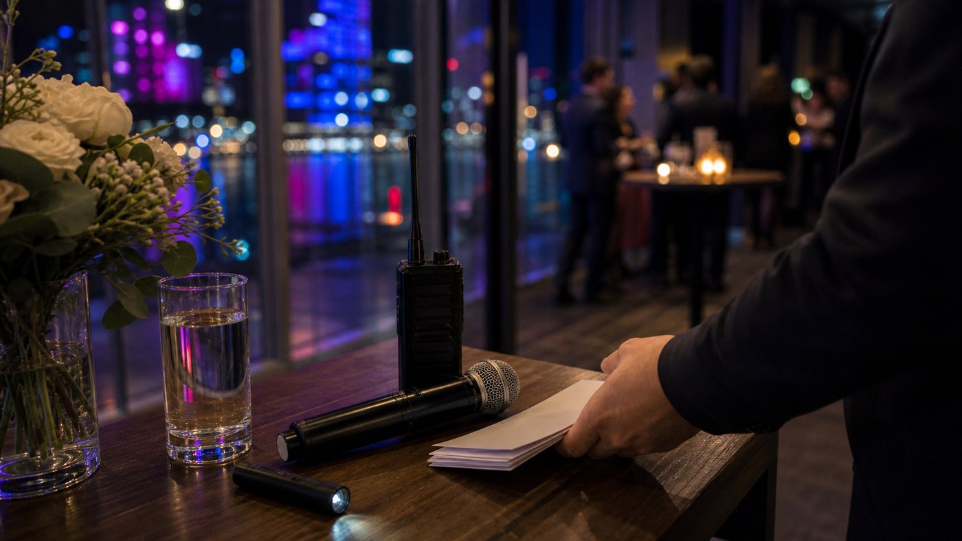Microphone, radio, blank cue cards, and colored reflections during Vivid-season event preparation